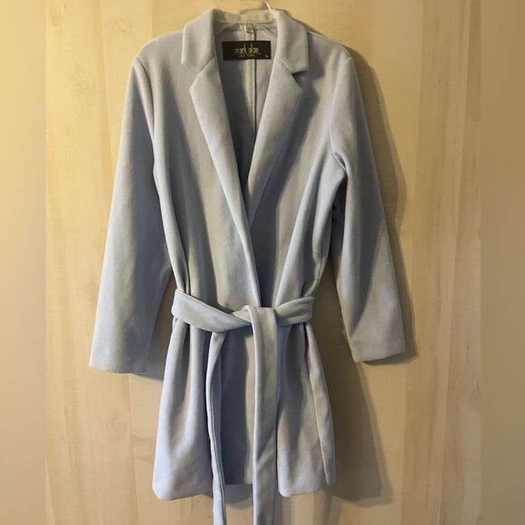 Mark Alan light blue pea coat open front self tie belt, size XL - Picture 6 of 16